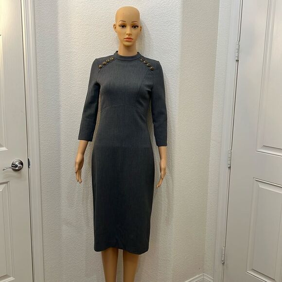 Zara Woman Dress Sz Small Gray 3/4 Sleeve Midi Button Accent Zipper Back Fitted - Picture 1 of 11